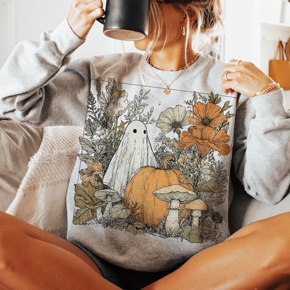 Halloween fall Ghost boho Sweatshirt, girly Pink Pumpkin Sweatshirt, Boho Floral Fall Sweatshirt, Halloween Sweatshirt, Autumn Vibes Sweatshirt, Spooky Season Sweatshirt popular now