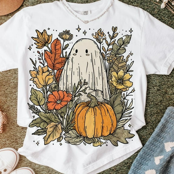 Halloween fall Ghost boho T-shirt, floral Pumpkin T-shirt, Boho Floral Fall Shirt, Halloween Shirt, Autumn Vibes Shirt, Spooky Season TH040621