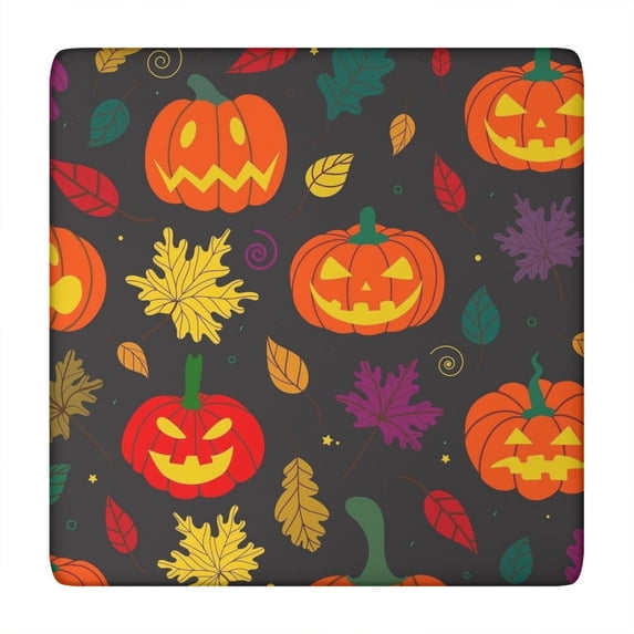 Halloween festive elastic edge table cover perfect for 34x34 inch square tables, features stretch fabric with traditional pumpkin and ghost motifs
