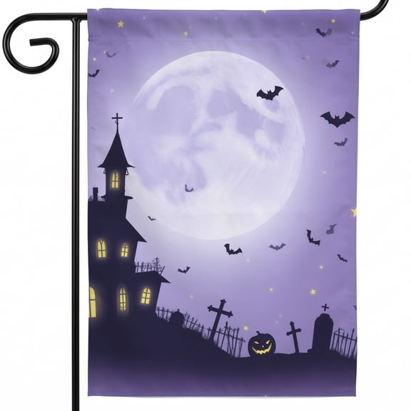 Halloween flag 28 x 40 flags for outside A halloween scene with a full moon and bats flying over a graveyard. Happy halloween flag halloween apartment decorations