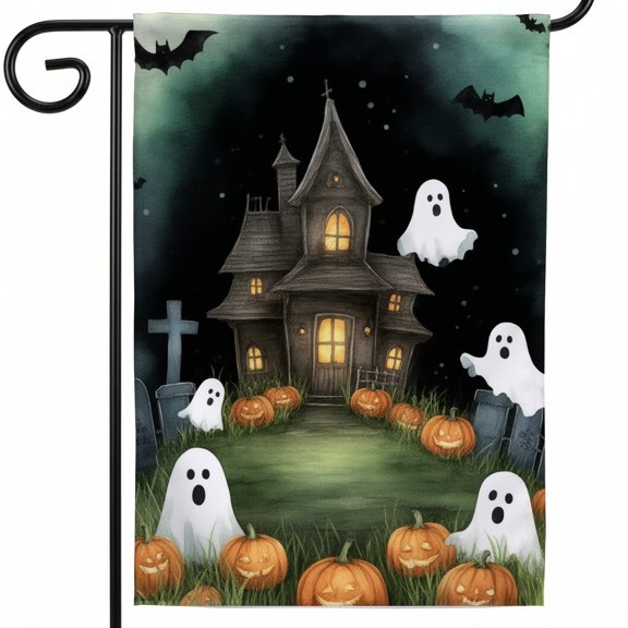 Halloween flag garden large halloween flags for outside a halloween scene with ghosts and pumpkins in front of a house rv flag decor halloween