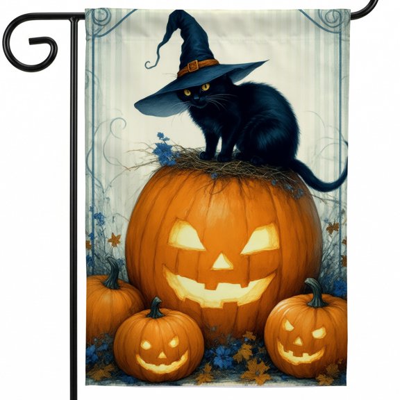 Halloween flags 28x40 flags for outside A black cat sitting on top of a pumpkin. C yard flags for outside classic halloween decorations