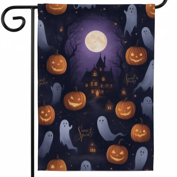 Halloween flags for outside 28x40 double-sided featuring a haunted house with pumpkins ghosts. Perfect for a spooky front porch decoration.