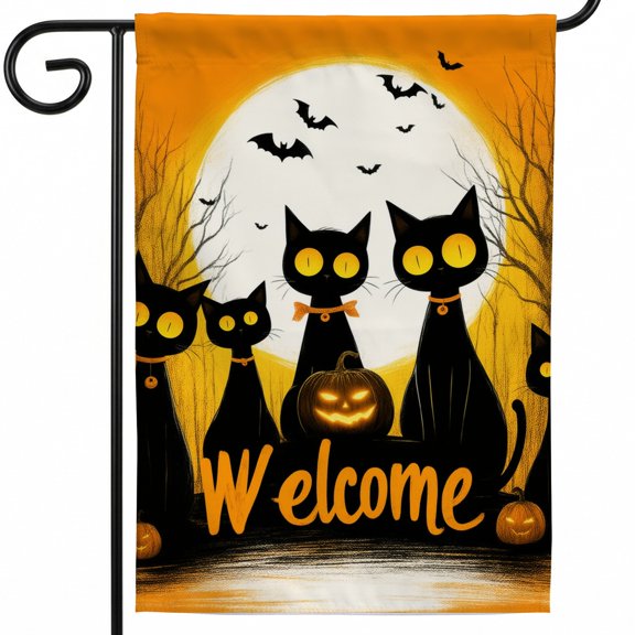 Halloween flags for outside large outdoor flags A group of black cats sitting in front of a full moon. Welcome holiday garden flags for outside halloween gate decorations