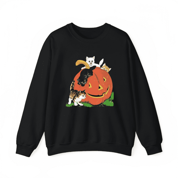 Halloween four cute little cats pumpkin pattern T-shirt top round neck long sleeve comfortable black S-3XL