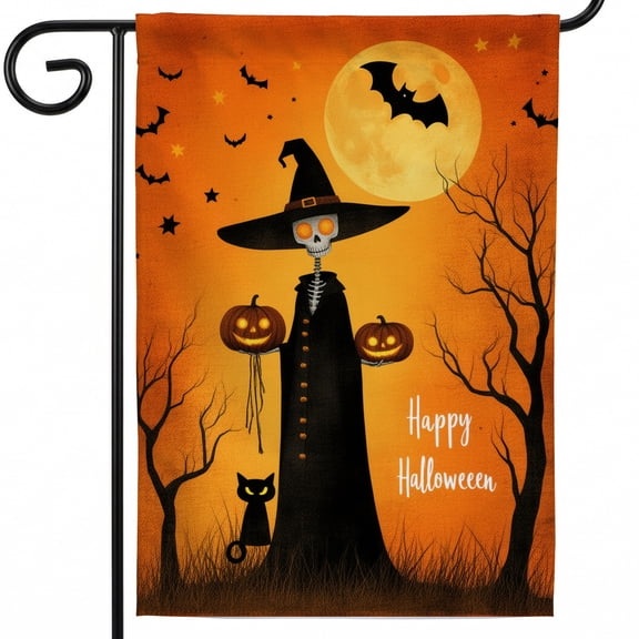 Halloween garden flag yard flags for outside 28 x 40 double sided A skeleton in a witch costume holding two pumpkins and a black cat. Happy Halloween outside flags for house halloween farmhouse decor