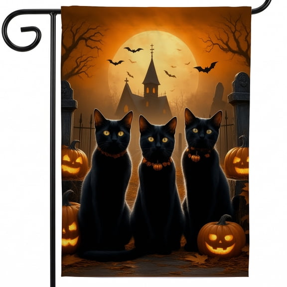 Halloween garden flags for outside 28x40 double-sided three black cats in front of a graveyard with pumpkins holiday decor.