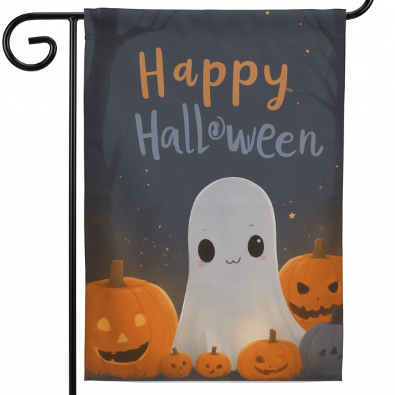 Halloween garden flags halloween flag 28x40 A happy halloween card with a ghost and pumpkins. Happy Halloween seasonal flags yard halloween decor