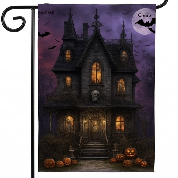 Halloween garden flags halloween outdoor flags 28x40 double sided A creepy house with pumpkins and bats in front of it. creep It Real Creep halloween yard fun halloween decorations