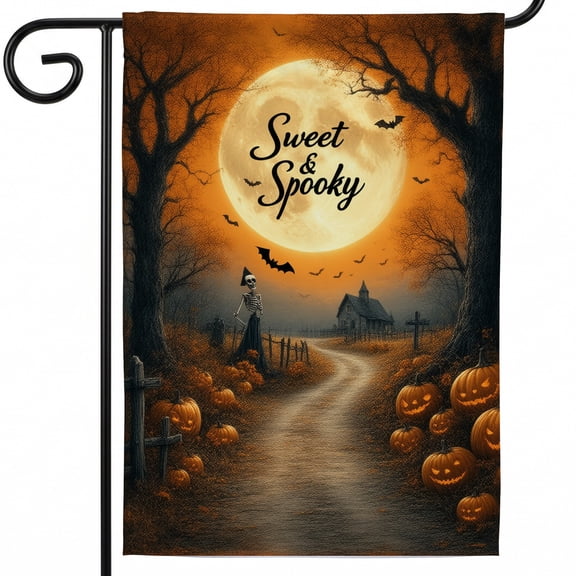 Halloween garden flags house flags 28 x 40 double sided A painting of a skeleton walking down a dirt road surrounded by pumpkins. Sweet Spooky seasonal flags halloween garden decorations