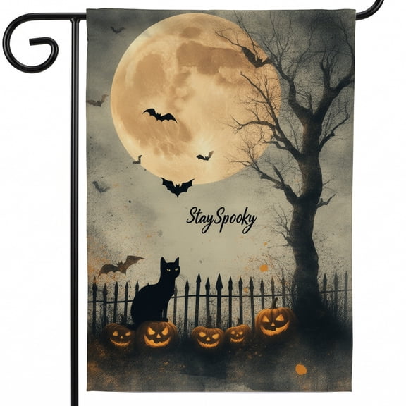 Halloween garden flags large garden flag A black cat sitting on top of a fence next to pumpkins. Stay Spooky halloween outdoor halloween decorations outdoor ghost