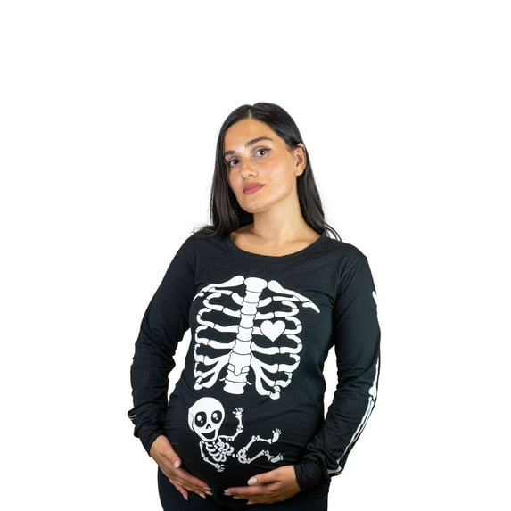 Halloween glow in the dark Long Sleeve Maternity shirt Skeleton X-ray baby boy girl gender reveal glow in the dark t-shirt pregnancy top (Maternity XX-Large)