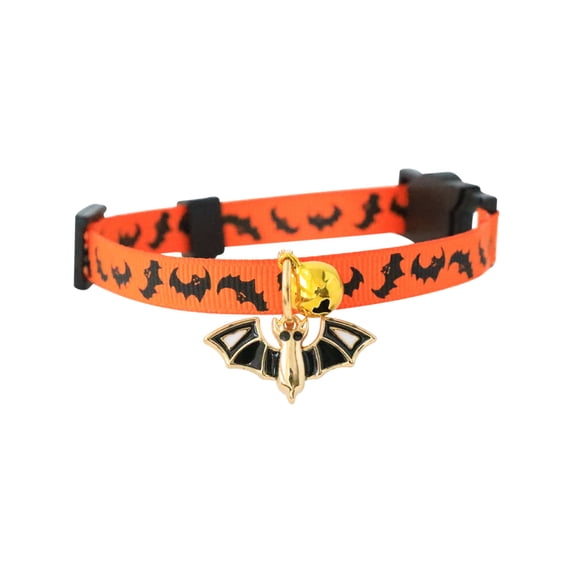 Halloween鈥慣hemed Pet Dog Collar with Bell Pendant, Adjustable Collar Decorated with Pumpkin and Bat Charm, Holiday Costume Accessory for Small and Medium Dogs