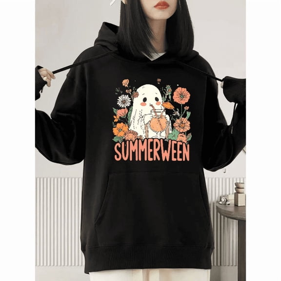 Halloween hooded long-sleeved Ghost drink pattern cotton Comfortable and well-fitting black S-2XL