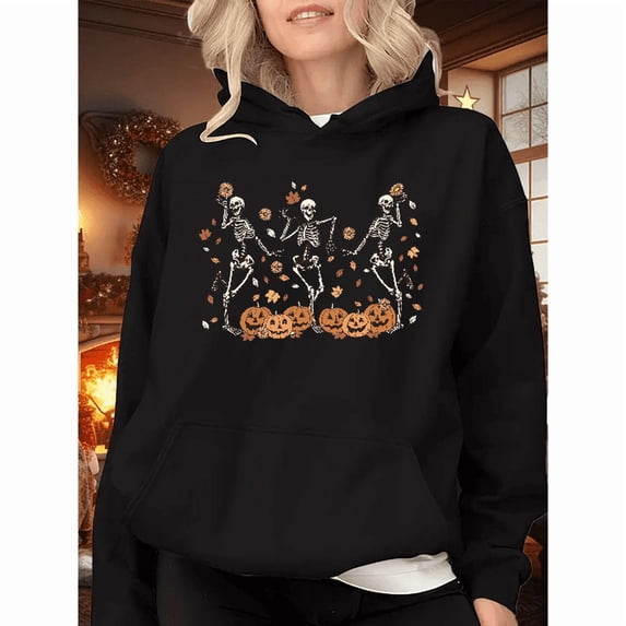 Halloween hooded long-sleeved Skeleton Dance T-shirt top, Soft comfortable and fashionable Black S-2XL