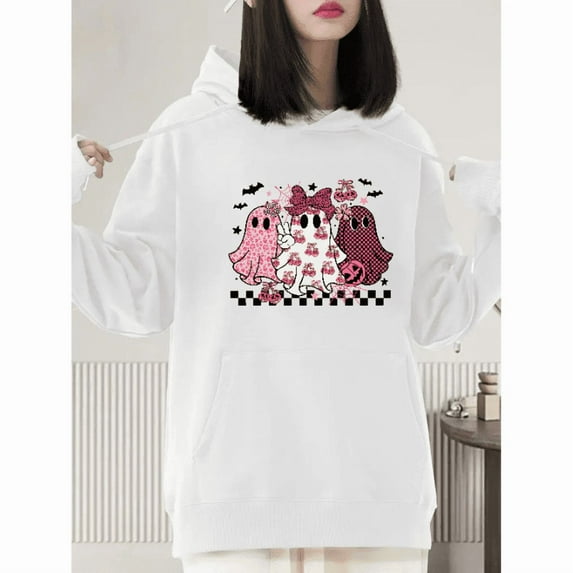 Halloween hooded long-sleeved Three Spider web Pumpkin Ghost pattern cotton comfortable White S-2XL