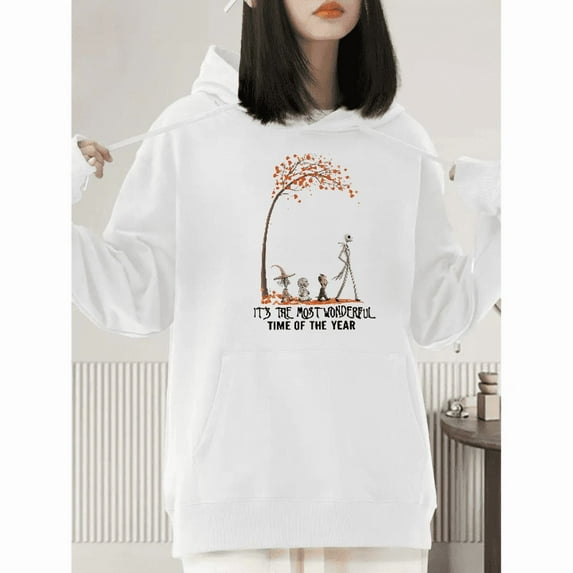 Halloween hooded long-sleeved Time of the yearT T-shirt top,Soft Breathable Regular Fit white S-2XL