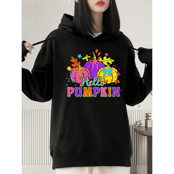 Halloween woman pumpkin pattern, hooded long-sleeved cotton Fashion comfortable black S-2XL
