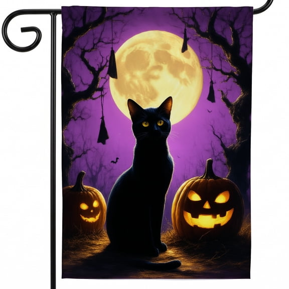 Halloween house flag halloween flags 28 x 40 double sided A black cat sitting in front of three jack-o-lanterns house flags for outside yard decor halloween