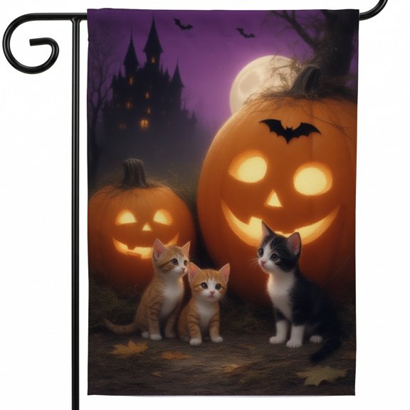 Halloween house flag halloween flags for outside large A group of kittens sitting next to a jack-o-lantern in front of a castle. happy halloween garden flag outdoor halloween yard decorations