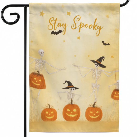 Halloween house flag house flags for outside 28x40 double sided A group of skeletons in witches hats and pumpkins in a field. Stay Spooky hanging flags halloween decor for outside