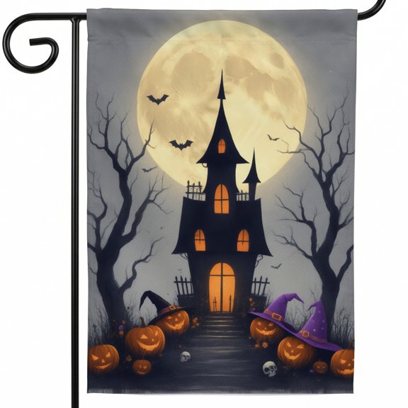 Halloween house flag large garden flags A painting of a haunted house with pumpkins and witches hats funny flags halloween gate decorations