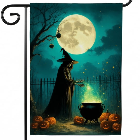 Halloween house flag large outdoor flags 28x40 double sided A witch stirring a cauldron in front of a full moon. outdoor flag halloween decor porch
