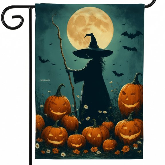 Halloween house flag large outdoor flags 28x40 double sided A witch standing in a field of pumpkins with a full moon in the background. Hary Haunig seasonal flags outside halloween decorations