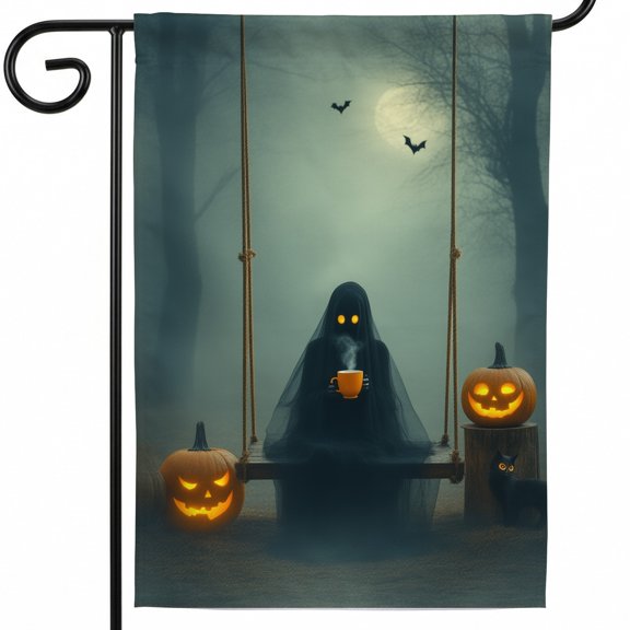 Halloween house flag outdoor flags 28x40 double sided A ghost sitting on a swing holding a cup of coffee. O happy halloween garden flag halloween balcony decorations