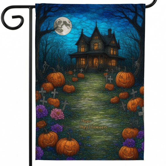 Halloween house flags 28x40" double-sided; spooky scene with pumpkins haunted house ideal for outdoor halloween front porch decor.