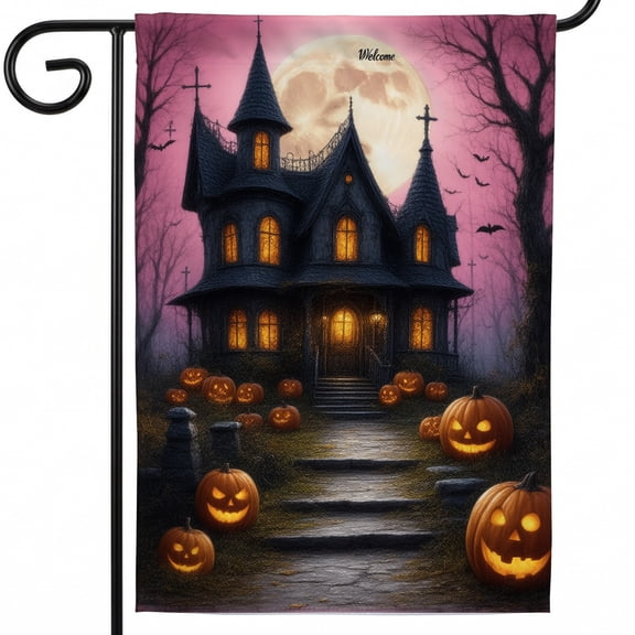 Halloween house flags flags for outside 28x40 double sided A painting of a haunted house with pumpkins in front of it. Welcome lawn flag front porch halloween decorations