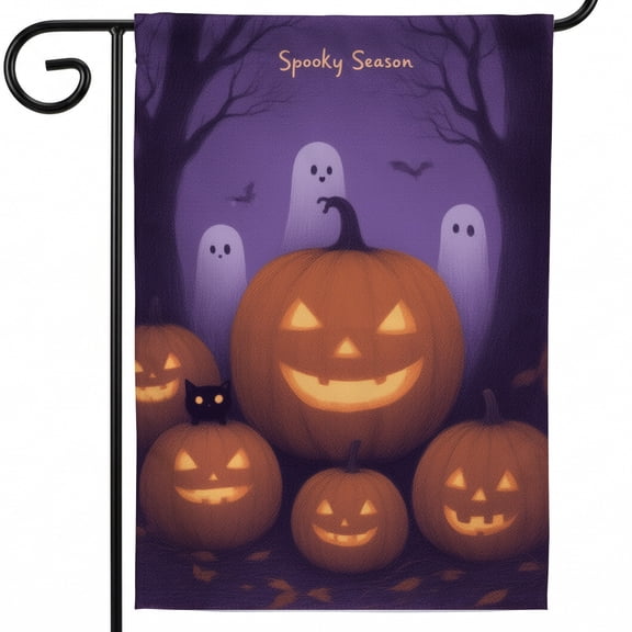 Halloween house flags halloween flags 28 x 40 double sided A group of jack-o-lanterns sitting in front of a group of ghosts. Spooky Season halloween outside halloween porch decorations outdoor