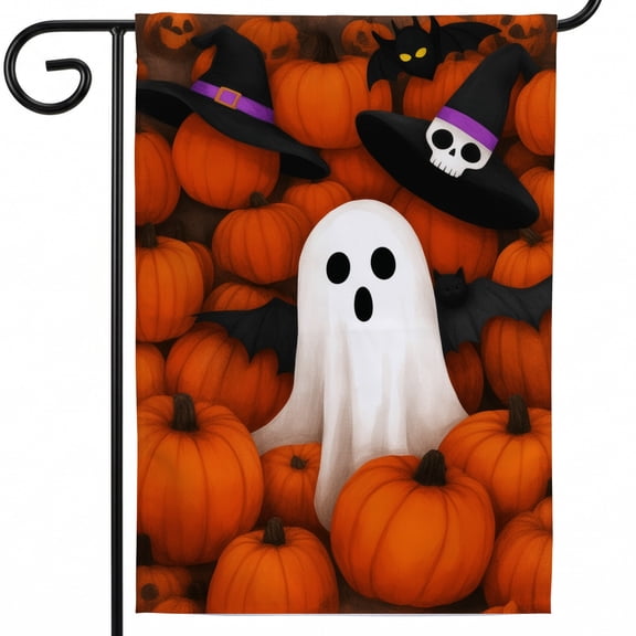 Halloween house flags house flags 28 x 40 double sided A ghost in a witches hat surrounded by pumpkins. . funny flags for outside outdoor halloween porch decorations
