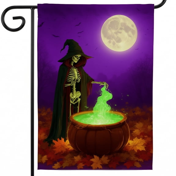 Halloween house flags large outdoor flags 28x40 double sided A skeleton in a witches hat is pouring green liquid into a cauldron. - happy halloween garden flag halloween decorations porch