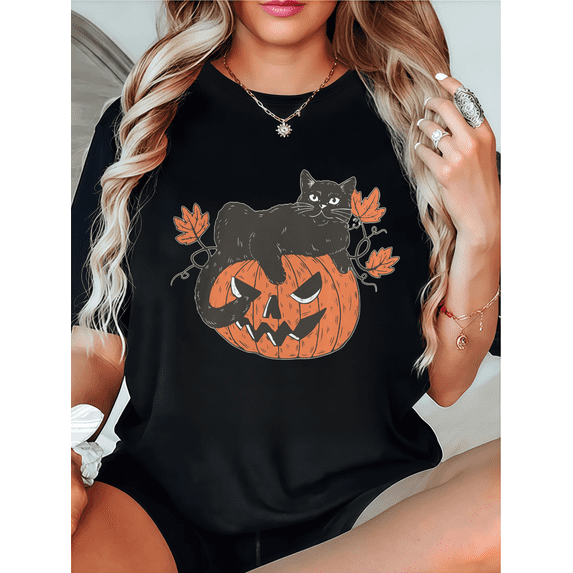 Women's Halloween pattern T-shirt ,Black kitten and pumpkin design,Pattern printing,Halloween costume,Loose,cotton,black,S-5XL