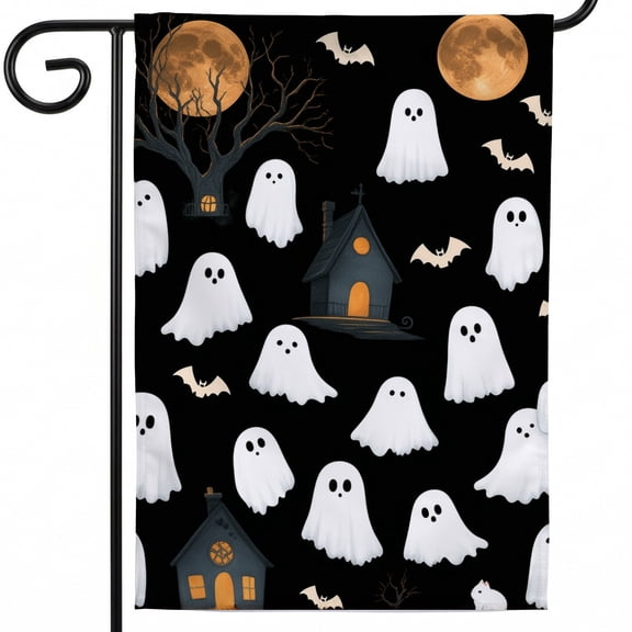 Halloween lawn flag large garden flag A pattern of ghosts and bats in front of a haunted house. . farmhouse halloween garden halloween decor