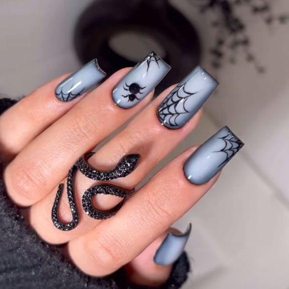 Halloween new wear nail cross-border black spider web square fake nail creative dark nail patch wholesale