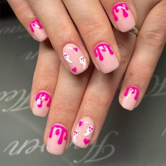 Halloween new wearing nail pads pink blood drop ghost removable fake nail finished wholesale cross-border nail pads