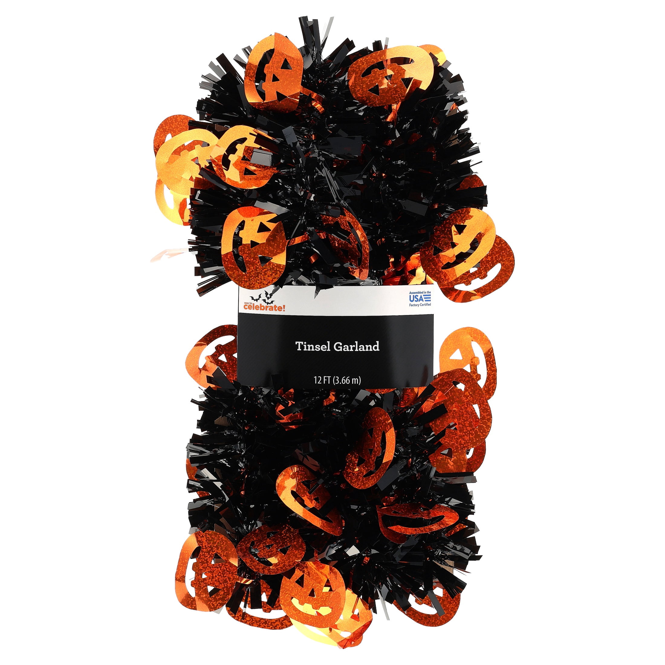 Tinsel Garland with Pumpkin Cut-Outs, Orange and Black, 12', Halloween by Way To Celebrate