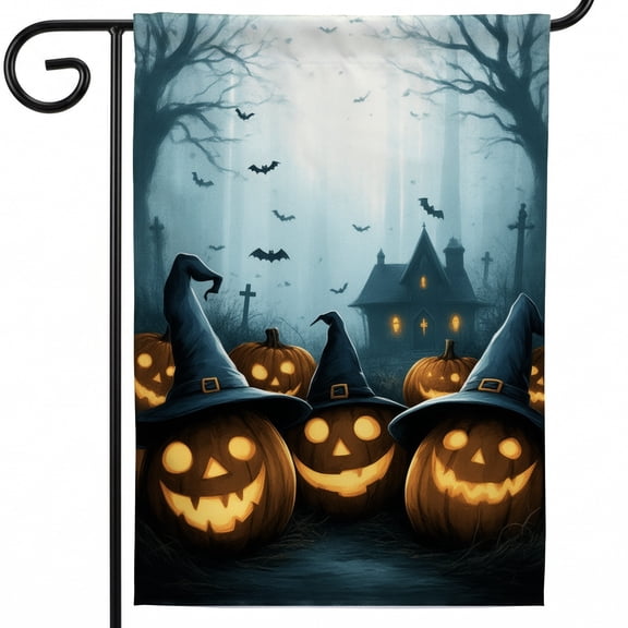 Halloween outdoor flag halloween flag large A group of jack-o-lanterns with witches hats in front of a graveyard. funny flag elegant halloween decor