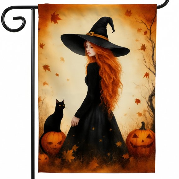 Halloween outdoor flag large garden flags 28 x 40 double sided A woman in a witch costume standing next to a black cat. * vintage halloween garden flag halloween outside decorations
