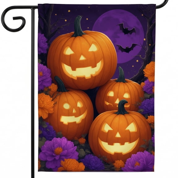 Halloween outdoor flags large garden flag A group of pumpkins sitting on top of a field of flowers. A funny flag primitive halloween decor