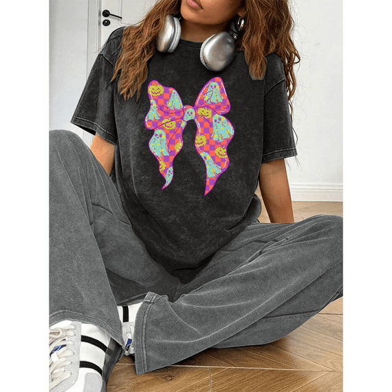 Halloween pink and purple butterfly ghost washed round-neck short-sleeved cotton black S-2XL Plus size