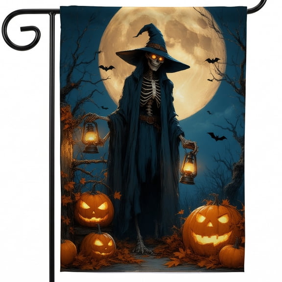 Halloween porch flags halloween flags for outside large A skeleton dressed as a witch holding a lantern in front of a full moon. - welcome garden flags for outside cute outdoor halloween decor