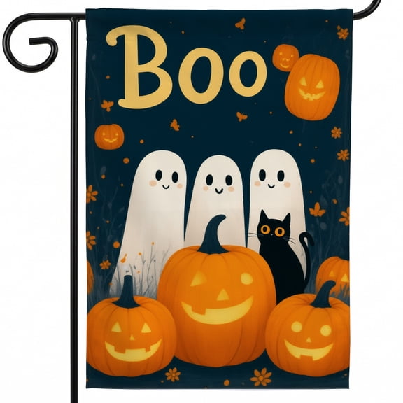 Halloween porch flags house flags 28 x 40 double sided A group of ghosts and a black cat sitting in front of pumpkins. Boo october garden flag yard halloween decorations