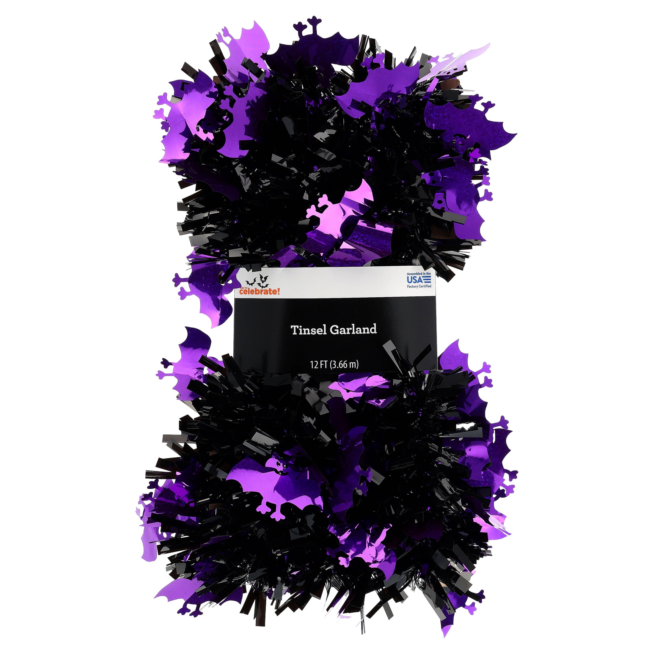 Tinsel Garland with Bat Cut-Outs, Purple and Black, 12', Halloween by Way To Celebrate