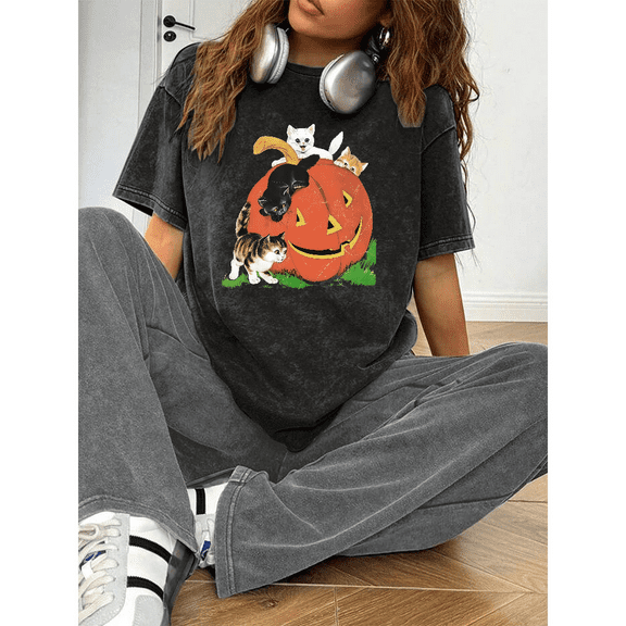 Halloween cute four little cats pumpkin pattern T-shirt, washable top, round neck, short sleeve, black S-2XL, plus-size