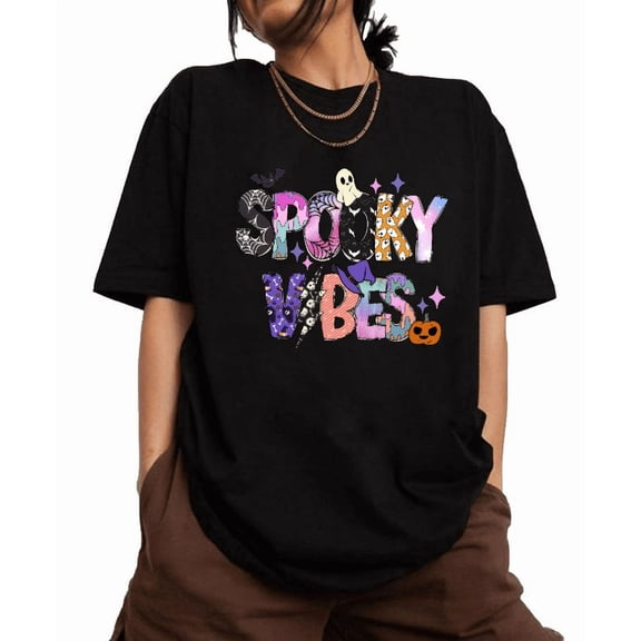 Halloween short-sleeved round-neck SPOOKY VIBES patterned fashionable and comfortable Black S-5XL