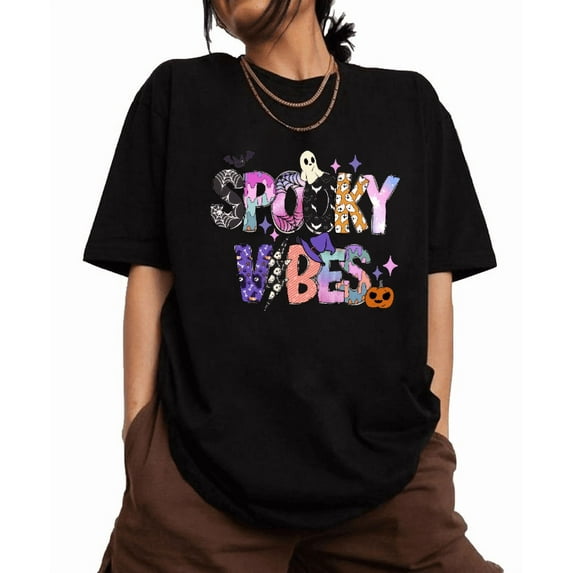 Halloween SPOOKY VIBES patterned T-shirt Top short-sleeved round-neck fashionable and comfortable Black S-5XL