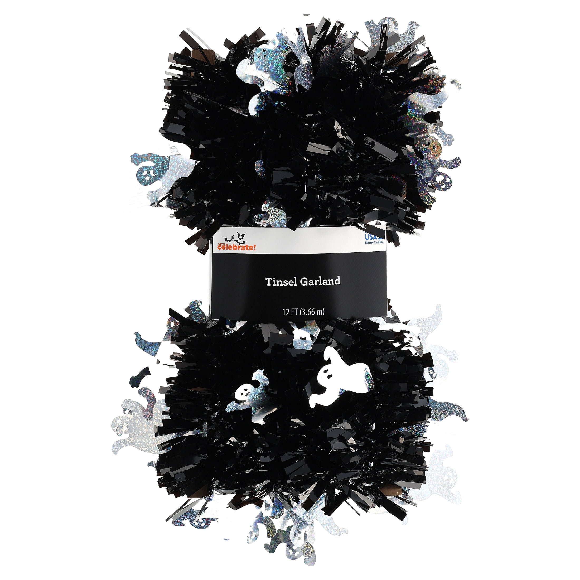 Tinsel Garland with Ghost Cut-Outs, Silver and Black, 12', Halloween by Way To Celebrate